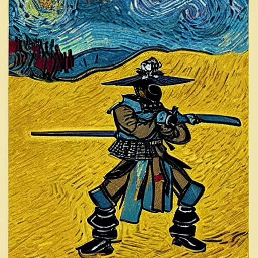 Image similar to samurai fights robots by van gogh