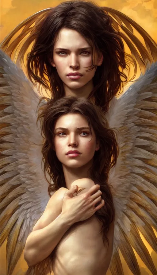 Image similar to archangel, perfectly-centered-Portrait of the most beautiful women on the planet, sweaty, dynamic action pose, insane, intricate, highly detailed, digital painting, artstation, concept art, smooth, sharp focus, illustration, Unreal Engine 5, 8K, art by artgerm and greg rutkowski and alphonse mucha