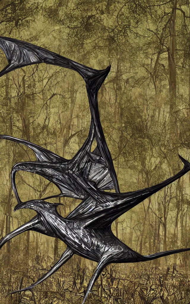 Prompt: metallic iron pterodactyl living in a swamp, photorealistic, photography, trail cam