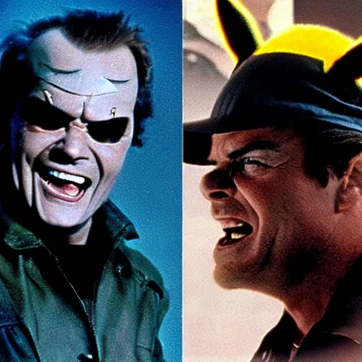 Image similar to Jack Nicholson plays Terminator mixed with Pikachu, horror film