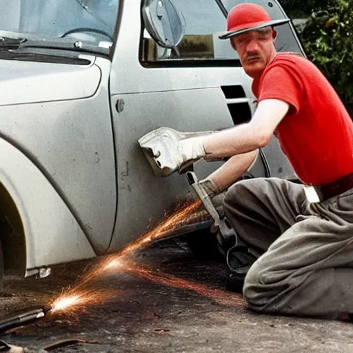 Image similar to hitler using an angle grinder, removing rust from a toyota mr 2