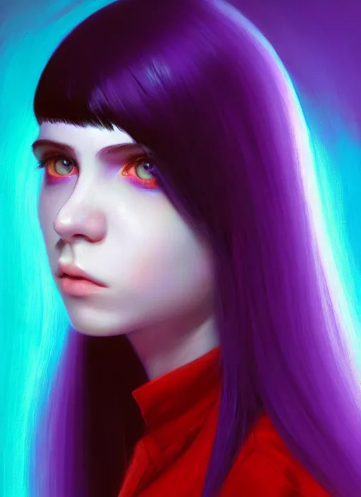 Image similar to hair whitebangs hair, black hair, whitebangs, portrait of teenage girl with white bangs, red irises, purple clothes, white bangs, bangs are different color from hair, intricate, elegant, glowing lights, highly detailed, digital painting, artstation, concept art, smooth, sharp focus, illustration, art by wlop, mars ravelo and greg rutkowski