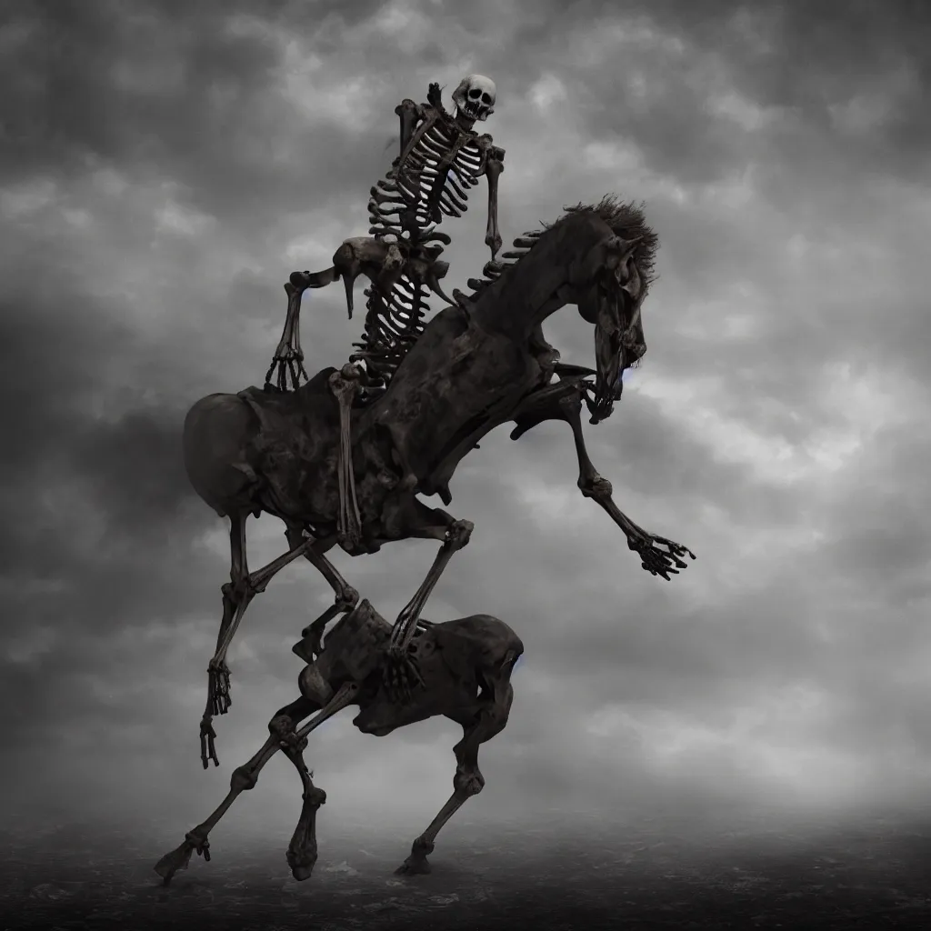 Image similar to a skeleton on a horse in the abyss, dark and mysterious, stopped in time, atmospheric, ominous, eerie, cinematic, epic, 8 k, 4 k, ultra detail, ultra realistic