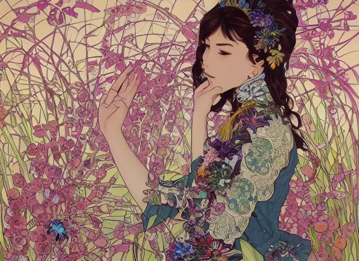 Image similar to !!! very coherent!!! oil painting, beautiful floralpunk iban bio mechanical full body girl female illustration detailed patterns art of sarawak traditional dress, flower pop art, floral splash painting, art by ashley wood, alphonse mucha, makoto shinkai, geof darrow, dark shadow