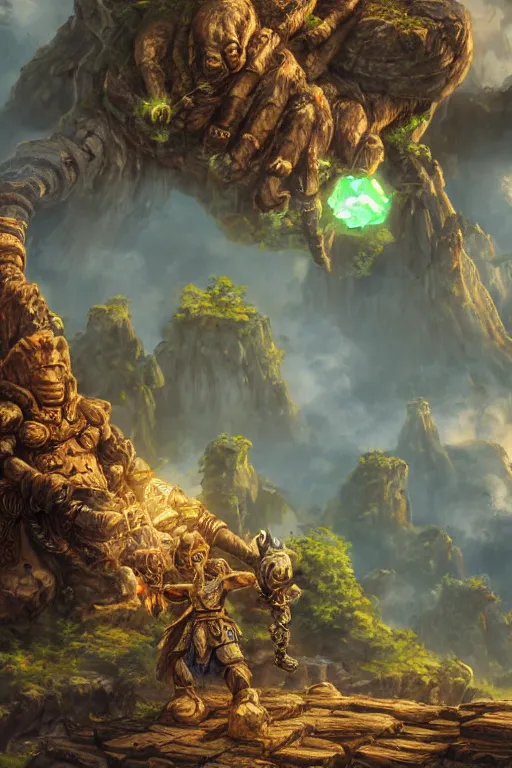 Image similar to zelda fantasy art giant golem troll wood rock greeble gemstone, global illumination ray tracing hdr fanart arstation by sung choi and eric pfeiffer and gabriel garza and casper konefal