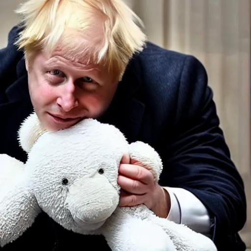 Prompt: boris johnson tucked in bed cuddling a teddy