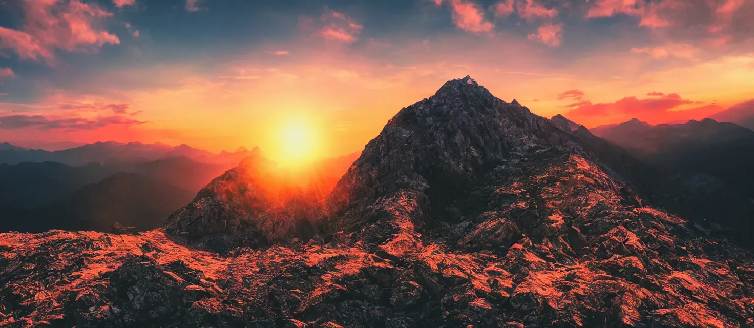 Image similar to beautiful mountain landscape, vaporwave, sunset, professional photography