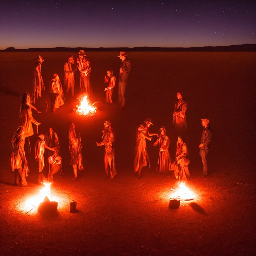 Image similar to atmospheric long exposure night photograph of three ravers, two men, one woman, woman is in a trenchcoat, blessing the soil at night, people facing fire circle, two aboriginal elders, dancefloor kismet, diverse costumes, clean composition, desert transition area, bonfire, atmospheric night, australian desert, symmetry, sony a 7 r