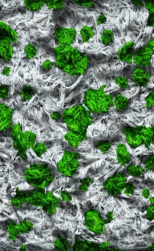 Prompt: view of the inside of a trash bag decorated with moss and flowers patches and with glowing elements, octane render, abstract, unorthodox, 4k, desktop wallpaper, raytracing