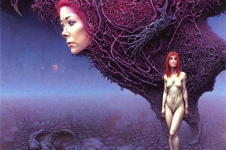 Image similar to cute young alyson hannigan with short hairs on lovecraftian planet by jean delville by luis royo and wayne barlowe, beksinski