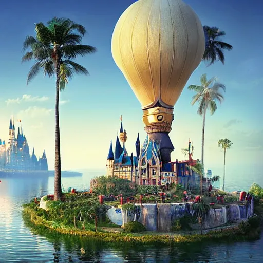 Image similar to the disney castle surrounded by giant palm trees on a giant floating island in the sky, giant realistic light bulb glowing in the sky, cinematic, digital art by erik johansson, 8 k resolution, hyper detailed, sharp focus