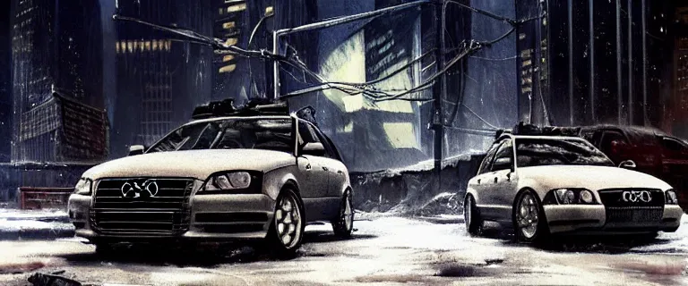 Image similar to Audi A4 B6 Avant (2002), a post apocalyptic, dramatic lighting, cinematic, establishing shot, extremly high detail, photorealistic, cinematic lighting, artstation, style by greg rutkowsky, Max Payne (2003) winter New York landscape at night