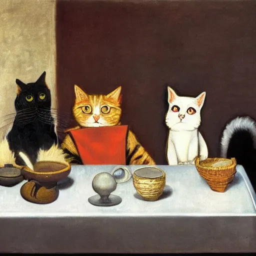 Image similar to highly detailed, 4k, oil painting of cats drinking coffee by Caravaggio, Matisse, and Rothko