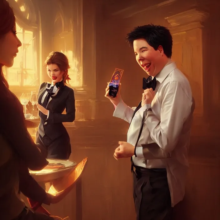 Image similar to michael mcintyre flirting with a singing waitress, elegant, real life skin, intricate artwork, high detailed, artstation, concept art, smooth, sharp focus, art by artgerm and greg rutkowski