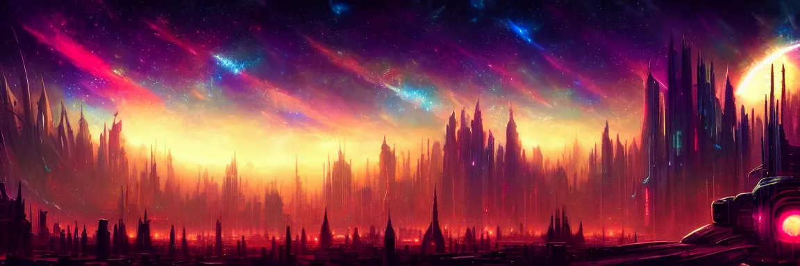 Prompt: beautiful cosmic fantasy landscape with gothic futuristic cyberpunk city filled with technological wonders, the sky is filled with stars, atmospheric lighting, painted, intricate, volumetric lighting, beautiful, rich deep colours masterpiece, sharp focus, ultra detailed, in the style of Dan Mumford and marc simonetti