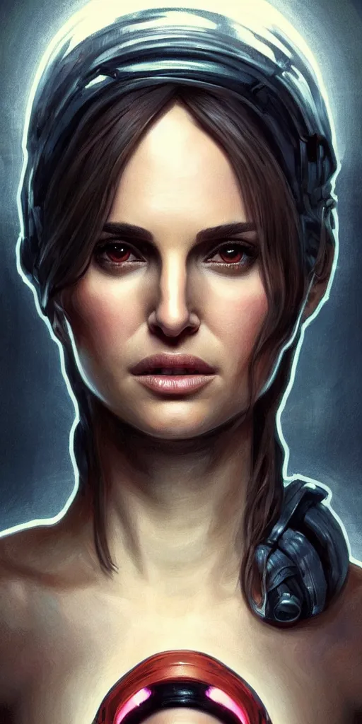 Image similar to full body portrait of Natalie Portman, looking at camera, intricate, dystopian, sci-fi, extremely detailed, digital painting, artstation, concept art, smooth, sharp focus, illustration, intimidating lighting, incredible art by artgerm and greg rutkowski and alphonse mucha and simon stalenhag