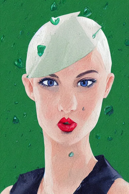 Prompt: a white woman with puffy lips, short hair, green eyes on a green background, the rain is falling along with dried leaves, she is using a navy blue dress, award - winning illustration trending on artstation