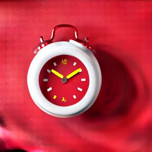 Image similar to Very tiny red alarm clock that looks like the iOS emoji and has the same colors, 3D clay render, 4k UHD, white background, isometric top down left view, diffuse lighting, zoomed out very far