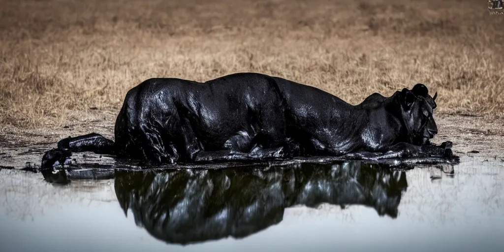 Image similar to a black lioness, made of black goo, bathing inside the lake of black goo, full of goo, covered with black goo. dslr, photography, realism, animal photography, color, savanna, wildlife photography, black goo