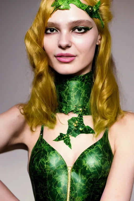 Image similar to A beautiful portrait of Daria Strokous smiling as Poison Ivy from GTA V as a Versace fashion model Spring/Summer 2010, highly detailed, in the style of cinematic, Getty images, Milan fashion week backstage, Extreme close up, Makeup by Pat McGrath, Hair by Guido Palau, Greg rutkowski