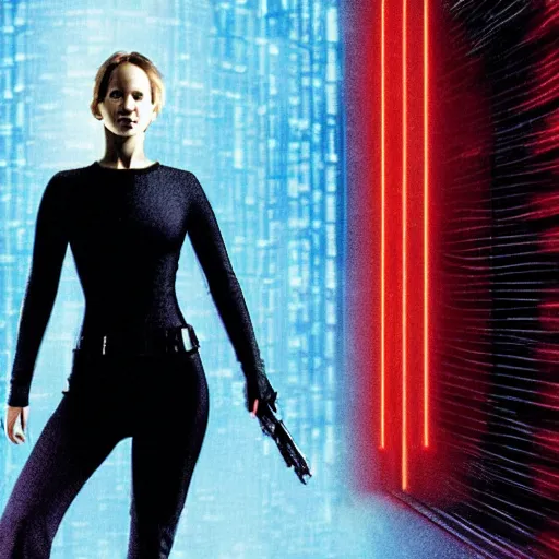 Prompt: first picture of Jennifer Lawrence as Neo in Matrix remake (2029) 4k HDR