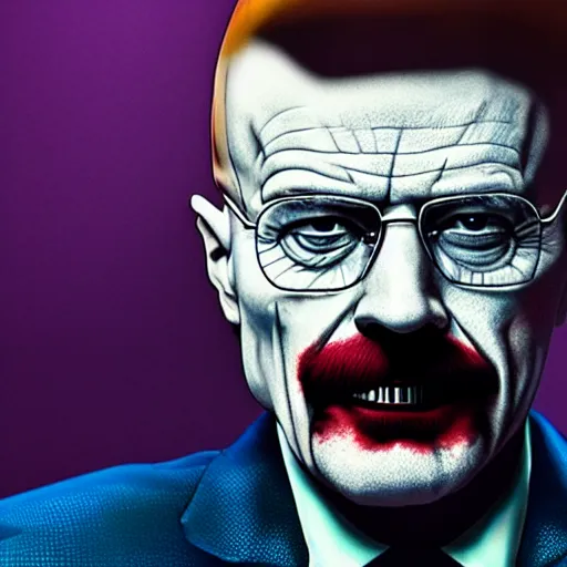 Prompt: walter white as the joker, 8 k, photorealistic, film still