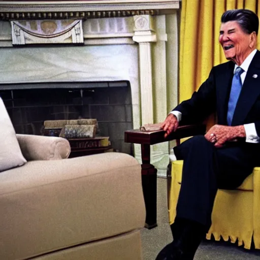 Image similar to a minion with president ronald reagan, zoom photograph, oval office,