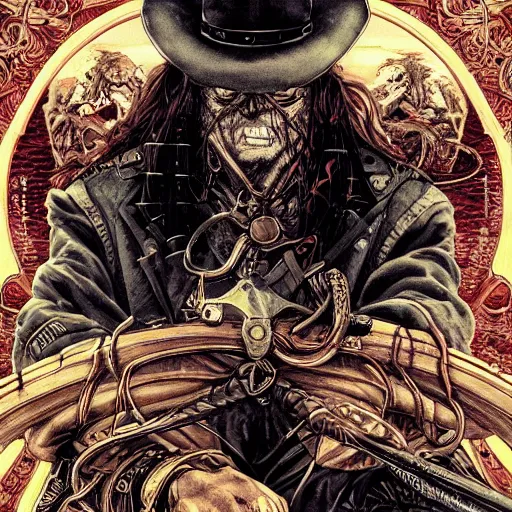 Image similar to portrait of crazy captain hector barbossa, symmetrical, by yoichi hatakenaka, masamune shirow, josan gonzales and dan mumford, ayami kojima, takato yamamoto, barclay shaw, karol bak, yukito kishiro