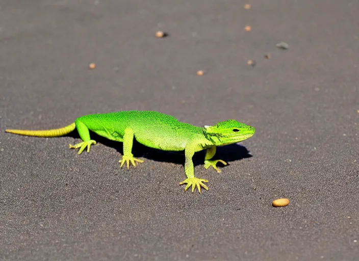 Prompt: a lizard out in the beach while looking into a sliced melon in front of it