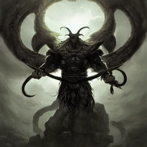 Prompt: Giant Muscular Baphomet wearing Samurai outfit in front of treebeard with ghosts and fairies surounding illustration by Renato muccillo and Andreas Rocha and Johanna Rupprecht + dofus colors, wakfu colors + symmetry + greco-roman art, intricate ink illustration, intricate complexity, epic composition, magical atmosphere + wide long shot, wide angle + masterpiece, trending on artstation + 4k