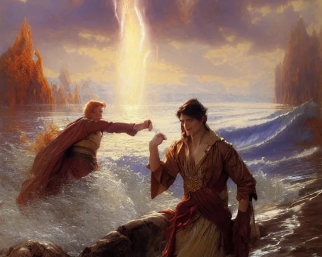 Image similar to attractive male wizard casting powerful tsunami wave spell in a beautiful lake. highly detailed painting by gaston bussiere, craig mullins, j. c. leyendecker 8 k