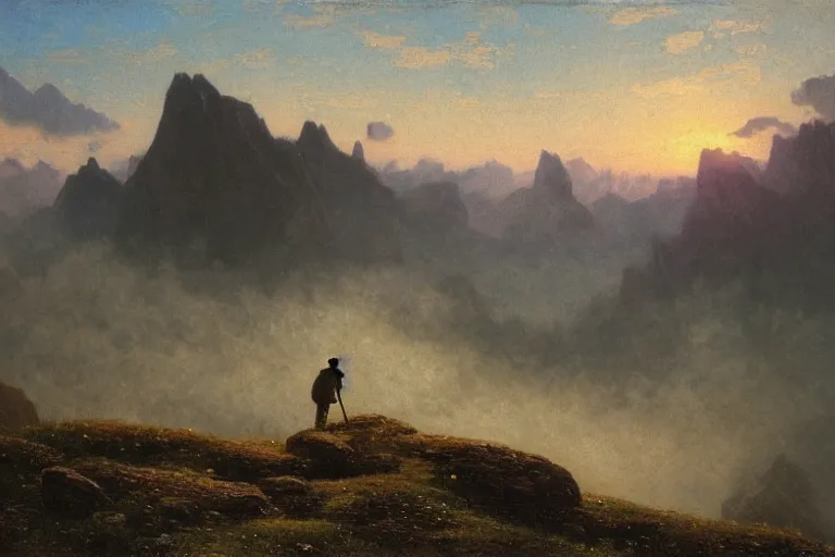 Prompt: a traveler wandering trough the mountains looking at the clouds, hyperdetailed, focused, oil painting, cinematic lighting, albert bierstadt, trending on artstation, colorful, canvas, sunset, centered, hans dahl, theodor kittelsen, hermann hendrich, national geographic, Konstantin Yakovlevich Kryzhitsky, beautiful nature, breathtaking, nordic, white shirt, blonde hair