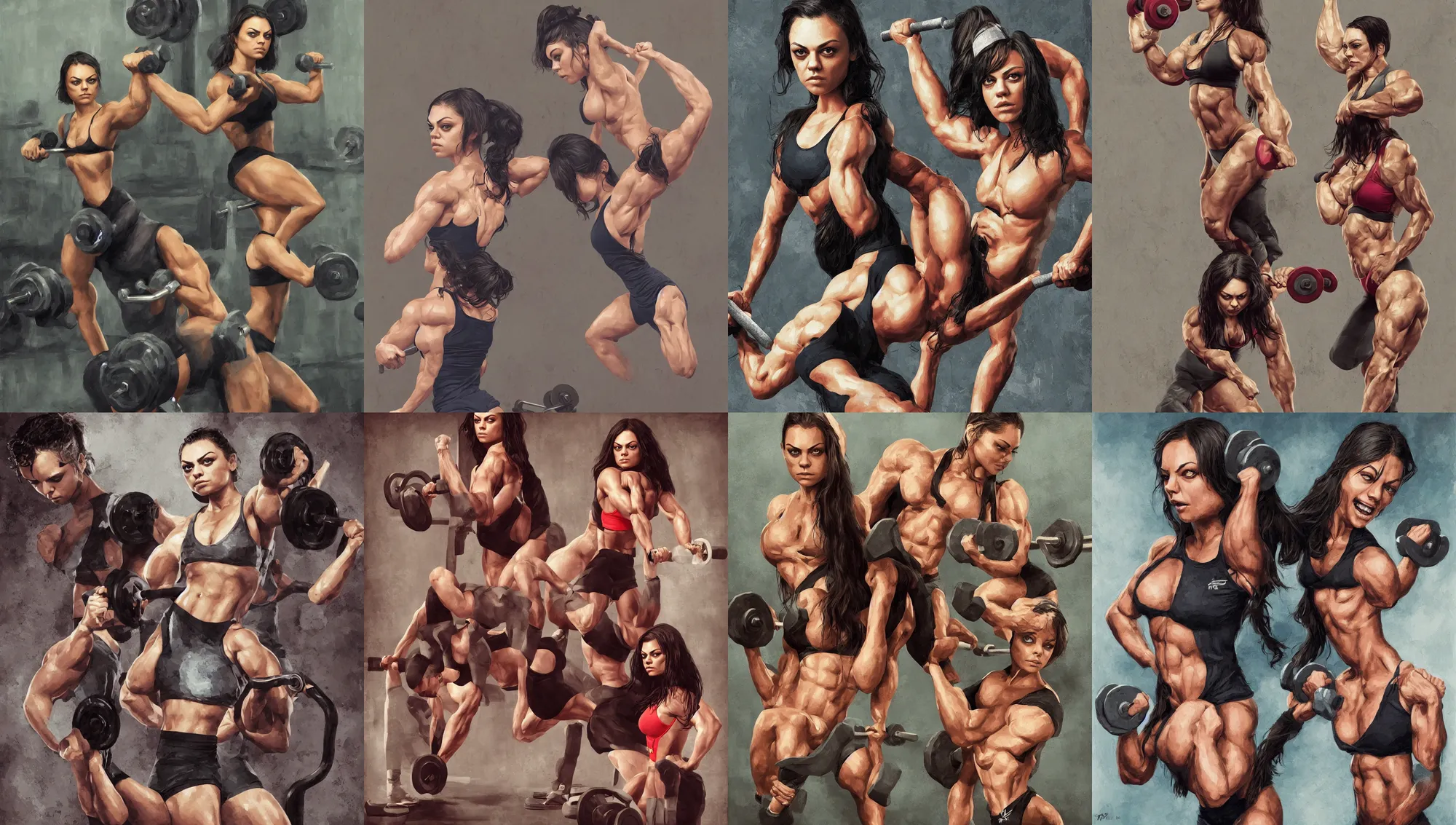 Image similar to bodybuilder mila kunis working out, wlop, steve argyle, ilya kuvshinov, rossdraw, mark ryden, daniel f. gerhartz,