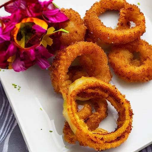 Image similar to Onion rings served with edible flowers, recipe photograph