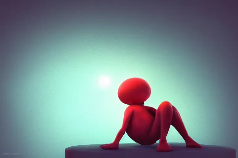 Image similar to a cute alien sitting on a cloud relaxing, misty, glows, blender render, hazy, foggy, red lighting,