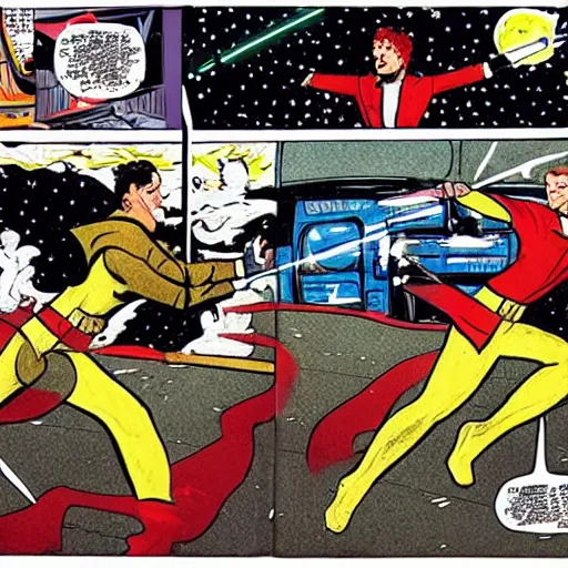 Prompt: two cats fighting a bus with lightsabers in John byrne comic book style