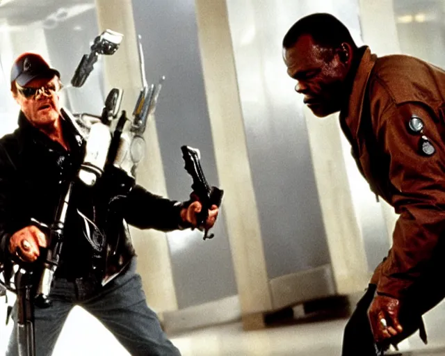 Image similar to Jack Nicholson and Samuel L. Jackson are Terminators action scene