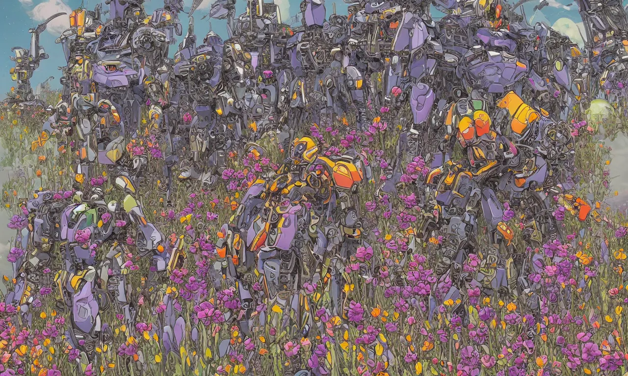Prompt: a battle mech war in a mystical field of flowers, detailed line drawing, intricate, hd, digital art, complementing colors, detailed, illustration painting by alex gray, digital art, moebius