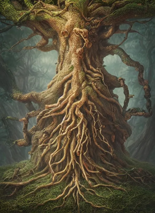 Image similar to highly detailed closeup portrait of a yggdrasil tree, unreal engine, nicoletta ceccoli, mark ryden, lostfish, earl norem, global illumination, god rays, detailed and intricate environment