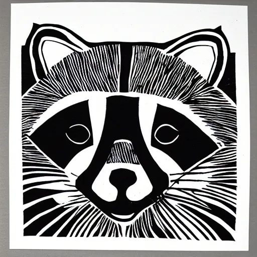 Prompt: raccoon, happy, block print, simple stylized, black ink on white paper