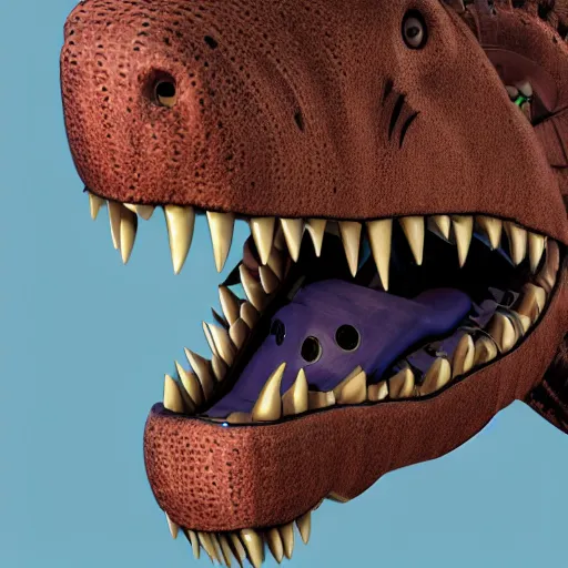 Image similar to an illustration of a t-rex as a fnaf animatronic, photorealistic, octane render