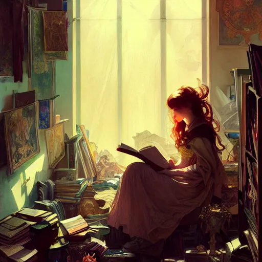 Image similar to Portrait of a girl in cluttered room, reading a book under the skylight, fantasy, intricate, elegant, highly detailed, digital painting, artstation, concept art, smooth, sharp focus, illustration, art by Krenz Cushart and Artem Demura and alphonse mucha