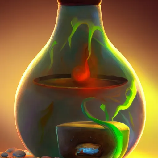 Prompt: Health Potion, dramatic light, glowing liquid, artstation