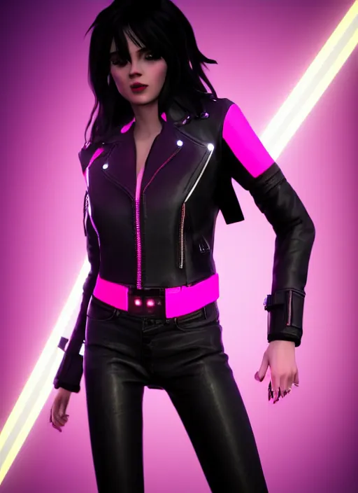 Image similar to a photo of 8k ultra realistic a black haired female in high heels and a black leather jacket, pink and blue neon, face enhance, cinematic lighting, trending on artstation, 4k, hyperrealistic, focused, extreme details, unreal engine 5, cinematic, masterpiece