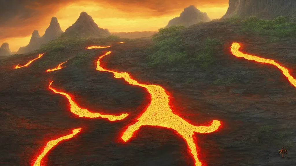 Image similar to colony of humanoid ants, beautiful lava landscape, dramatic lighting, cinematic, extremly high detail, photorealistic, cinematic lighting, post processed, concept art, artstation, matte painting, style by greg rutkowsky, by beautiful walt disney animation films of the late 1 9 9 0 s and thomas cole in hd, perfect readability