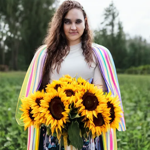 Image similar to photograph of a person in a rainbow cape holding a bouquet of sunflowers