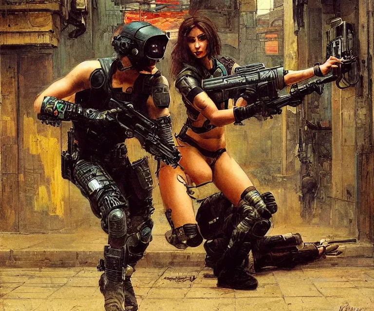 Prompt: Sonya evades sgt Nash. Cyberpunk hacker escaping Menacing Cyberpunk police trooper wearing a combat vest. (dystopian, police state, Cyberpunk 2077, bladerunner 2049). Iranian orientalist portrait by john william waterhouse and Edwin Longsden Long and Theodore Ralli and Nasreddine Dinet, oil on canvas. Cinematic, vivid colors, hyper realism, realistic proportions, dramatic lighting, high detail 4k