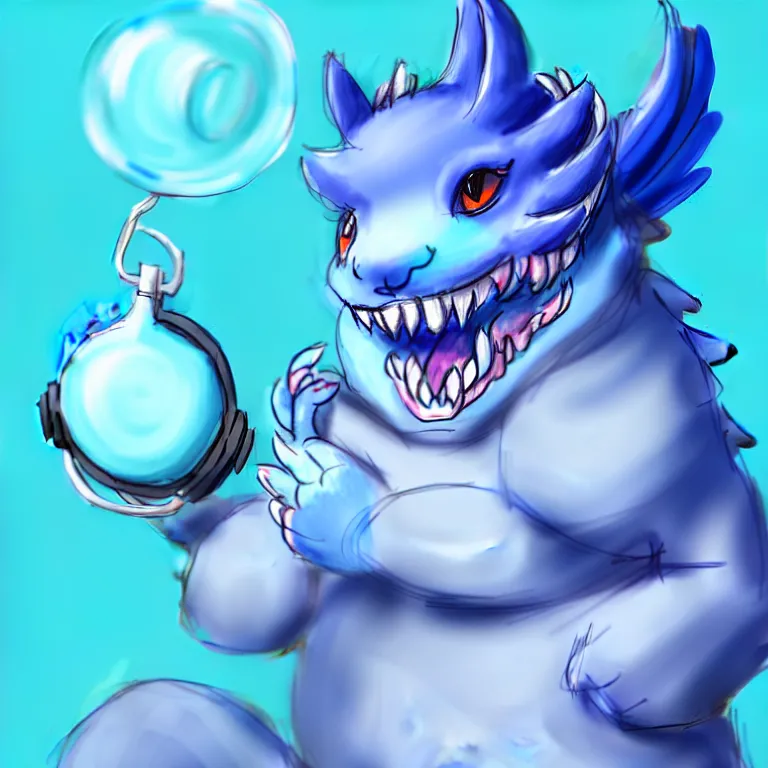 Image similar to a chubby anthropomorphic male blue dragon fursona chewing blue bubble gum, headphones on his head, cute, furry, deviantart, beautiful, soft colors, oil on canvas, soft lighting