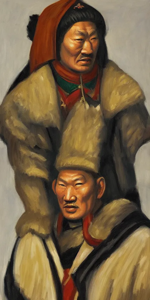 Image similar to a stunning and noble highly detailed portrait of genghis khan by edward hopper, trending on artstation, oil painting masterpiece, symmetry, mysterious, very very very aesthetic