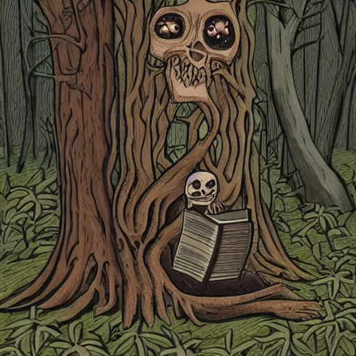 Prompt: a creepy cryptic in the woods holding a book, dark horror art, scary woods